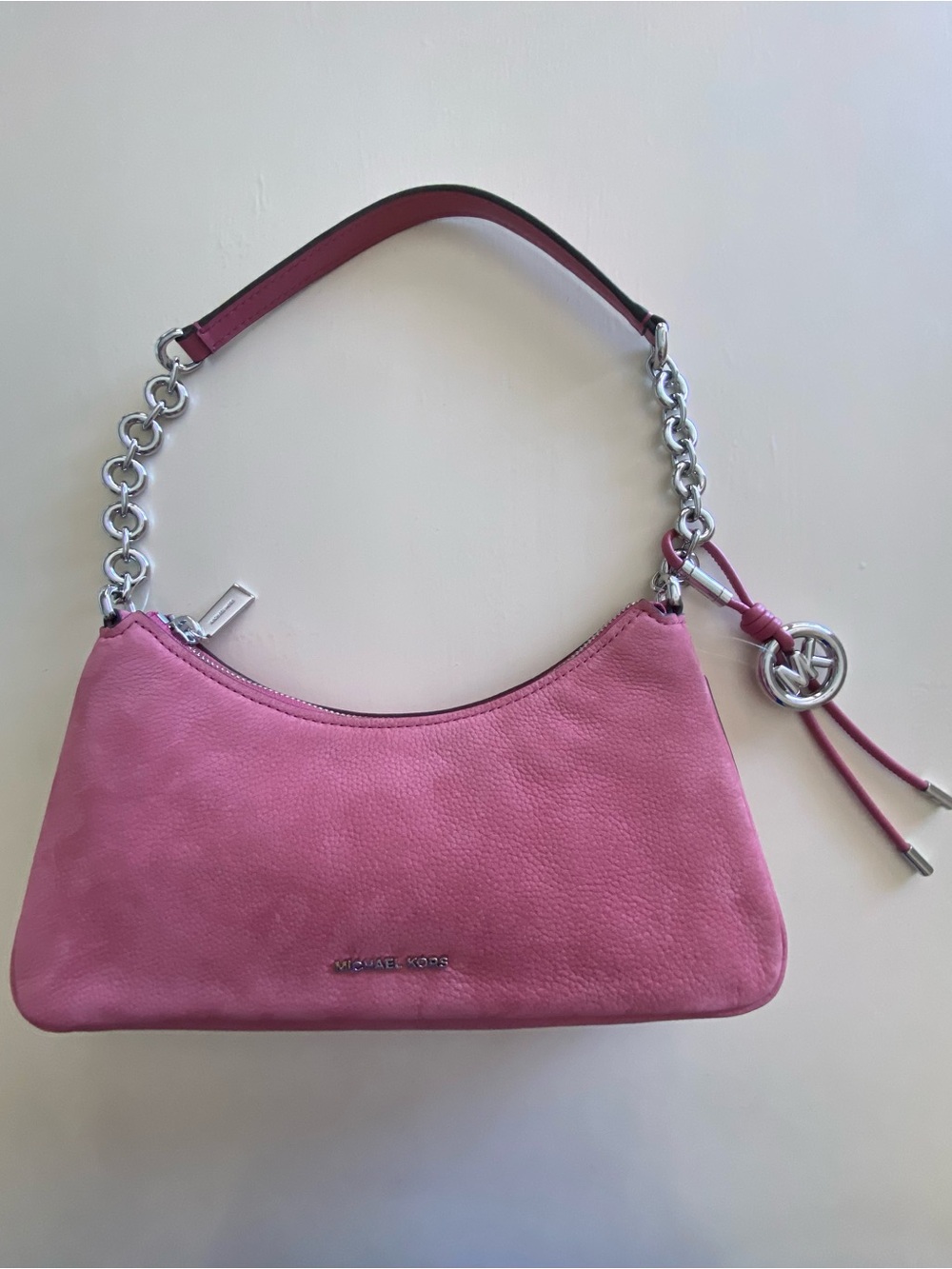 Michael Kors Pink Pebbled Leather Shoulder Hobo with Silver Chain Strap